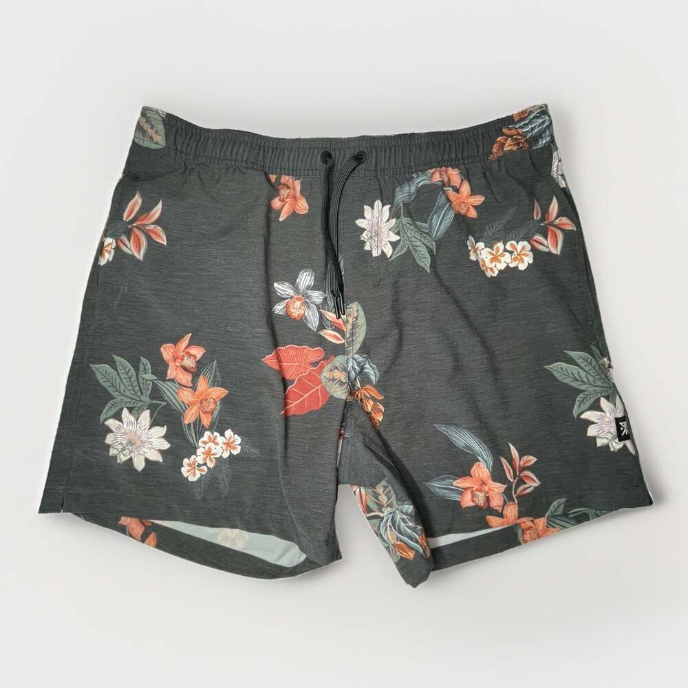 Roark Shorey Mens L 16" Short Onyx Floral Hawaiian Resort Tropical Vacation EUC